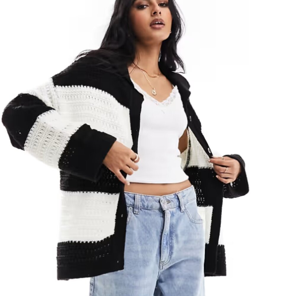 ASOS DESIGN Knit Oversized Sweater in Black/White stripe/NWT/S